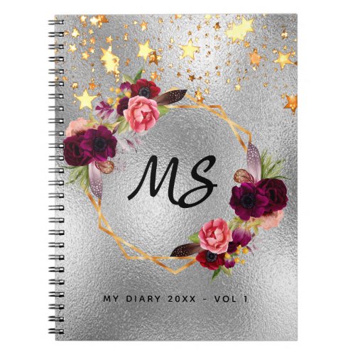 Silver gold flowers burgundy monogram diary notebook