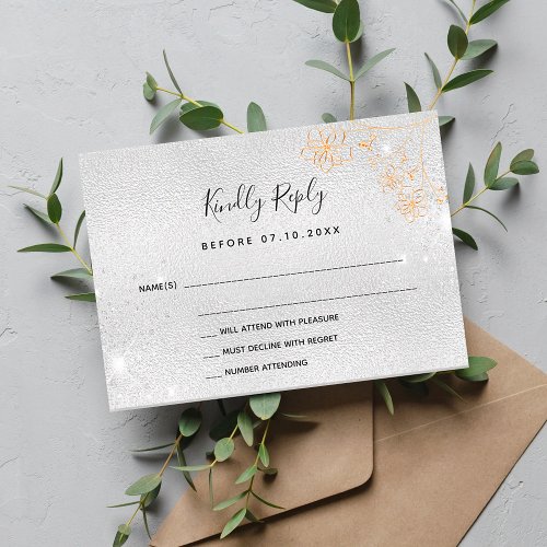 Silver gold flowers wedding RSVP Note Card