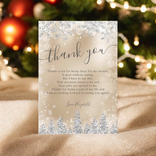 Silver gold foil snow pine winter bridal shower thank you card (Silver gold foil snow pine winter bridal shower thank you card)