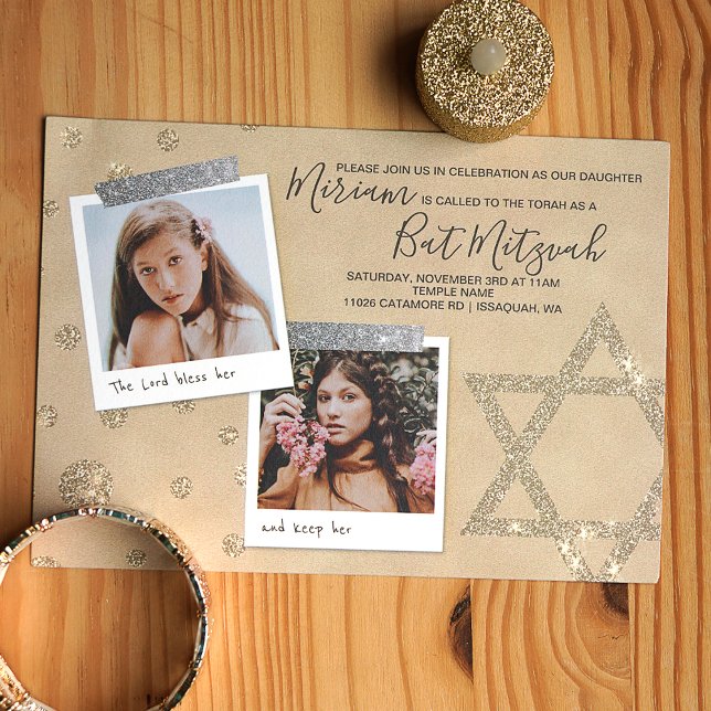 Silver, Gold Glitter Bat Mitzvah Invitation (Gold and silver glitter star of david bat mitzvah invitation with photos)