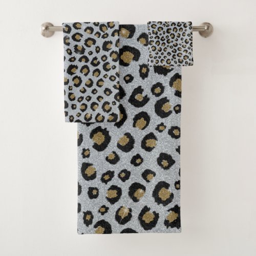 Silver Gold Glitter Black Leopard Print Bath Towel Set