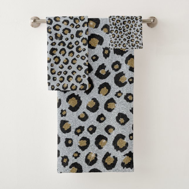 Silver Gold Glitter Black Leopard Print Bath Towel Set (Insitu)