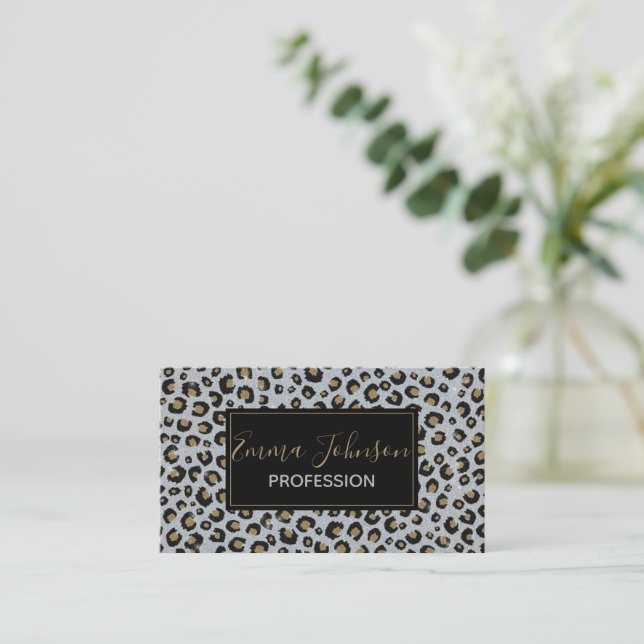 Silver Gold Glitter Black Leopard Print Business Card (Standing Front)