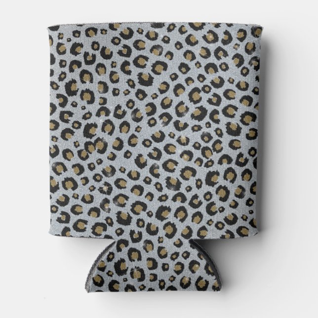 Silver Gold Glitter Black Leopard Print Can Cooler (Front)