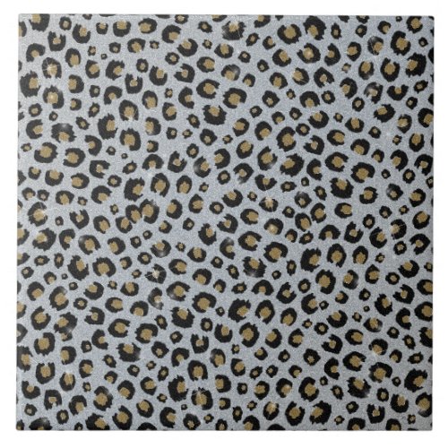 Silver Gold Glitter Black Leopard Print Ceramic Tile