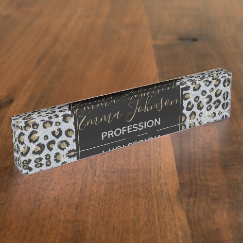 Silver Gold Glitter Black Leopard Print Desk Name Plate