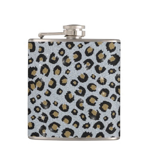 Silver Gold Glitter Black Leopard Print Flask