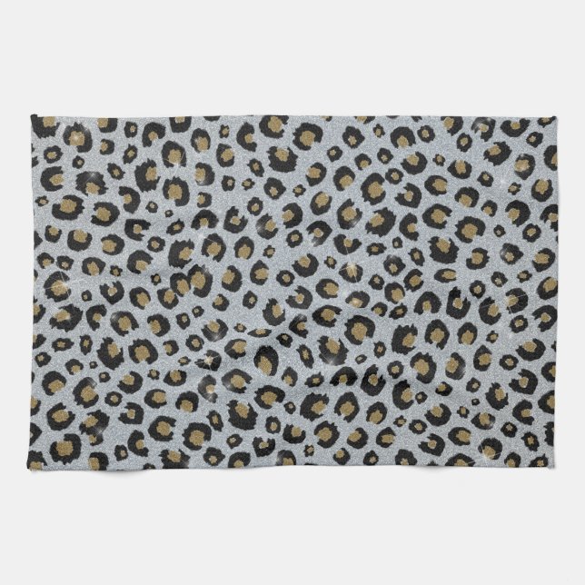 Silver Gold Glitter Black Leopard Print Kitchen Towel (Horizontal)