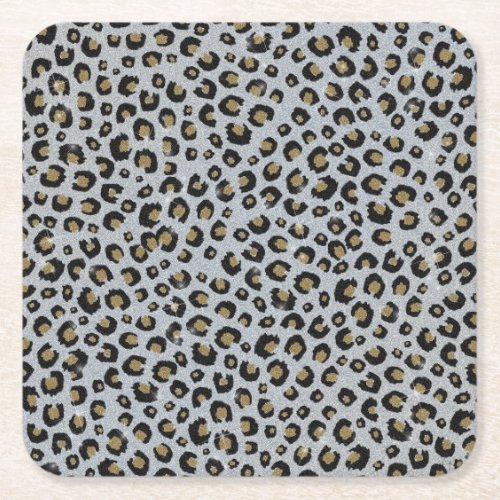 Silver Gold Glitter Black Leopard Print Square Paper Coaster