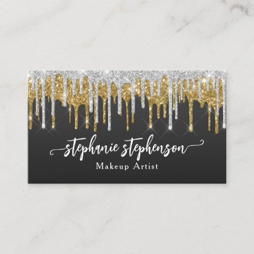Silver  Gold Glitter Drip Fashion Stylist Modern Business Card
