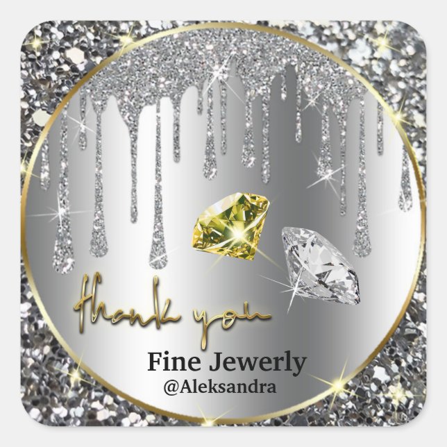 Silver Gold Glitter Drip Square Sticker (Front)