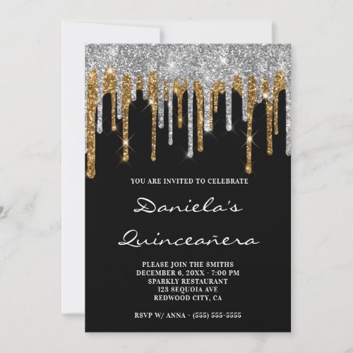 Silver Gold Glitter Drips Black Quinceaera Invitation