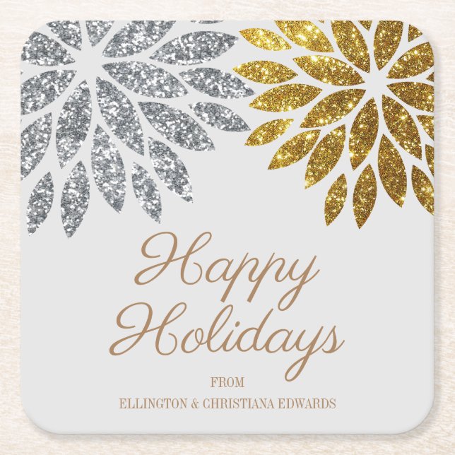 Silver Gold Glitter Floral Happy Holidays Square Paper Coaster (Front)