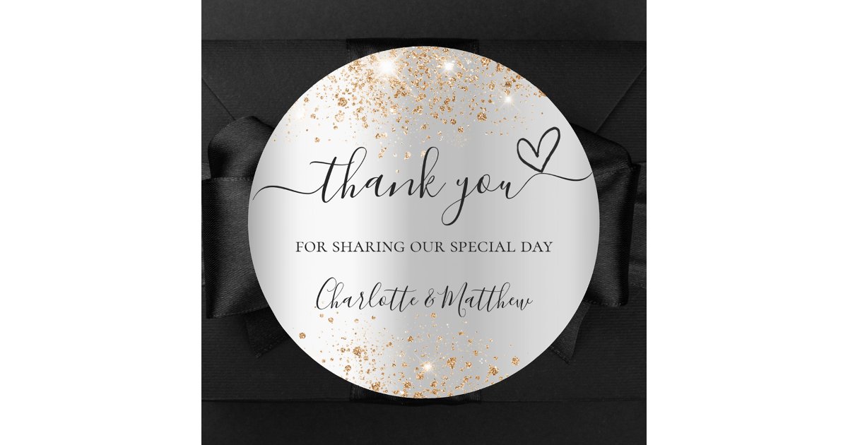 Silver gold glitter heart thank you wedding classic round sticker | Zazzle