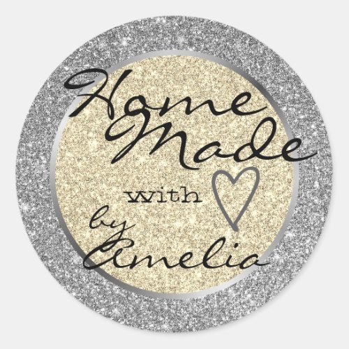 Silver Gold Glitter Home Made with Love Heart Pink Classic Round Sticker