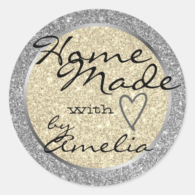 Silver Gold Glitter Home Made with Love Heart Pink Classic Round Sticker (Front)
