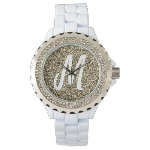 Silver Gold Glitter Look Elegant Monogrammed Watch