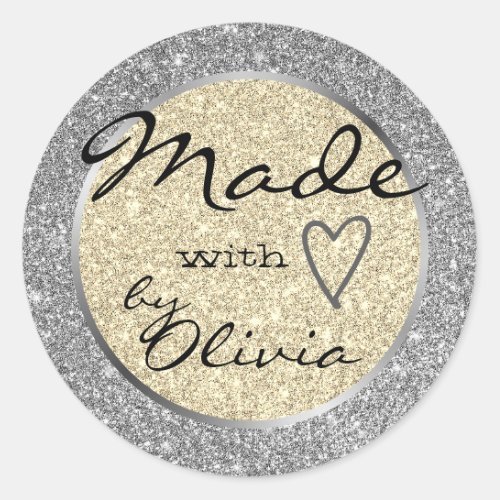 Silver Gold Glitter Made with Love Heart Symbol Classic Round Sticker