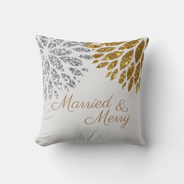 Silver Gold Glitter Married Merry Christmas Throw Pillow (Front)