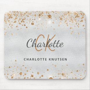 Silver gold glitter monogram name mouse pad