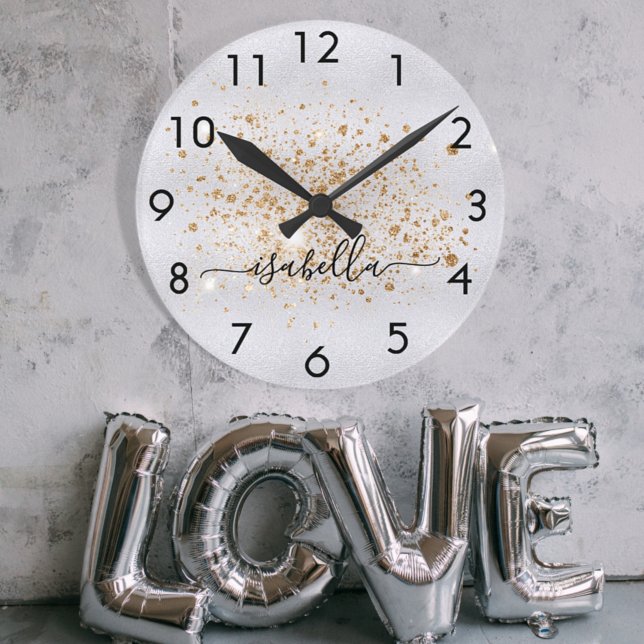 Silver gold glitter name script round clock (Creator Uploaded)
