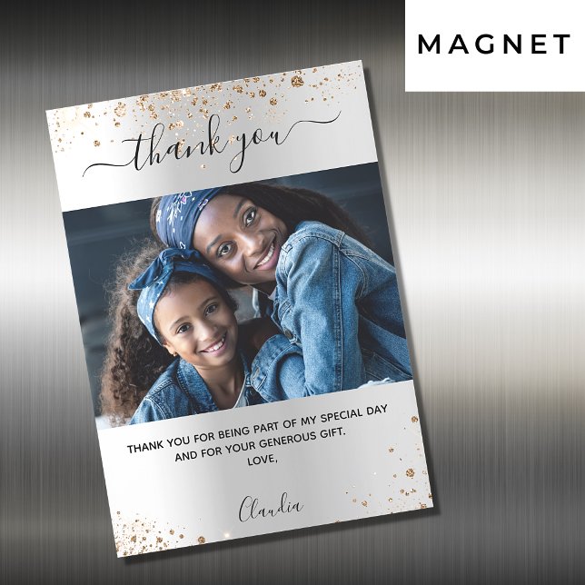 Silver gold glitter photo thank you magnet