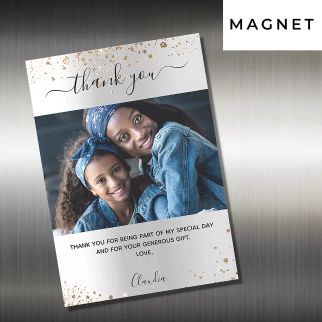 Silver gold glitter photo thank you magnet | Zazzle