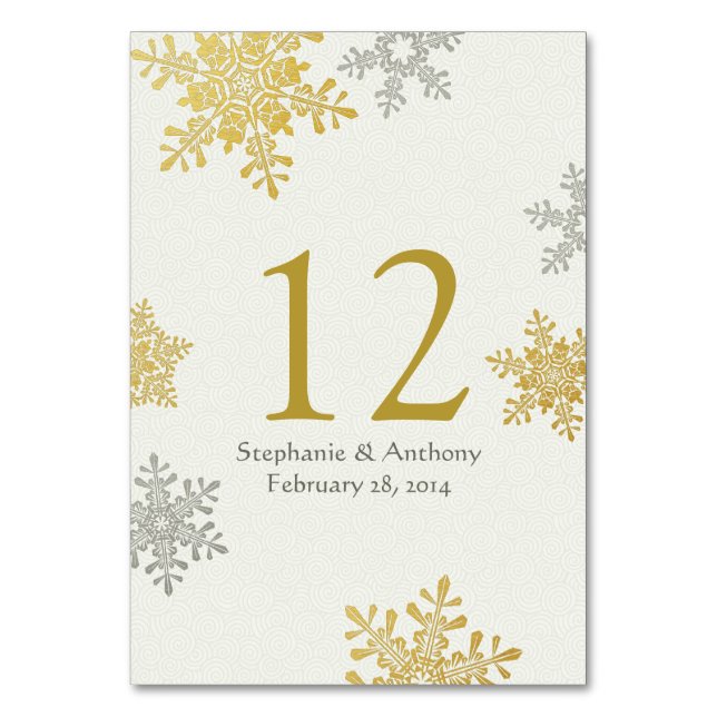 Silver Gold Ivory Snowflakes Winter Wedding Table Number (Front)
