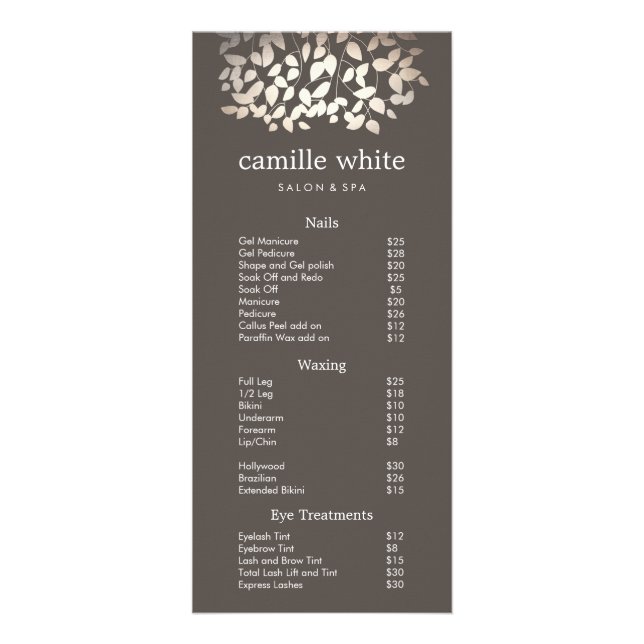 Silver Gold Leaves Beauty Salon Price List Menu (Front)