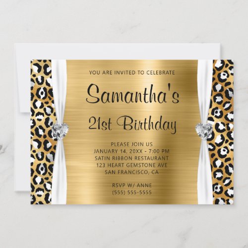 Silver Gold Leopard Foil Gem Heart 21st Birthday Invitation