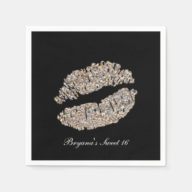 Silver Gold Lips Faux Sparkle Kiss Beauty Makeup Napkins (Front)