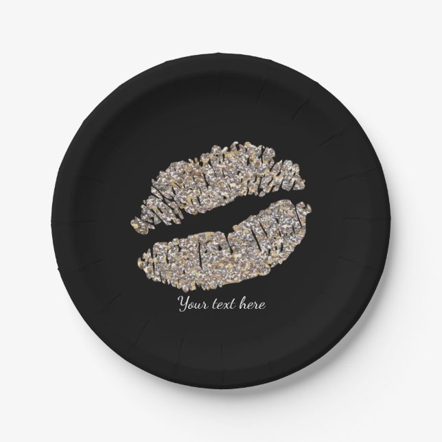 Silver Gold Lips Faux Sparkle Kiss Beauty Makeup Paper Plates (Front)