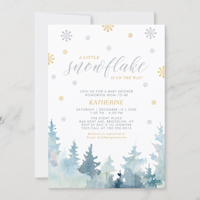 Silver & Gold, Little Snowflake Winter Baby Shower Invitation (Front)