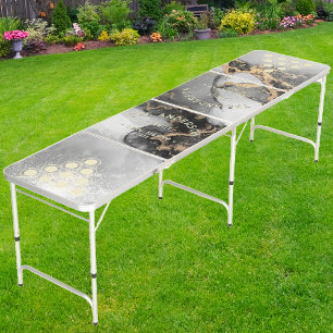 Silver & Gold Marble Vintage Seaside Family Name Beer Pong Table