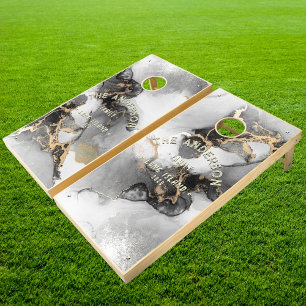 Silver & Gold Marble Vintage Seaside Family Name Cornhole Set