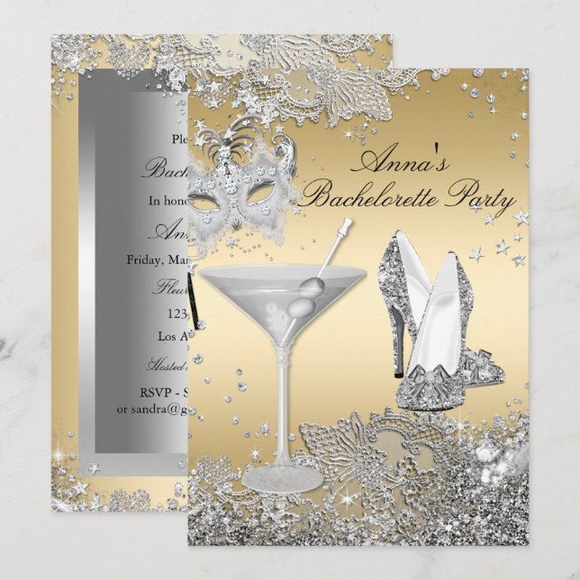 Silver Gold Mask Jewel Lace Bachelorette Party Invitation (Front/Back)