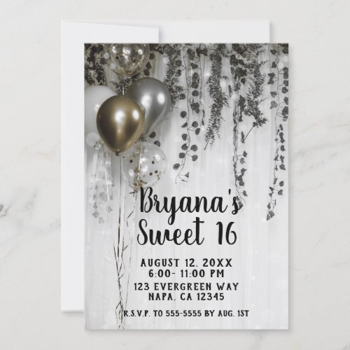 Silver Gold Metallic Party Balloons Ivy Sweet 16 Invitation
