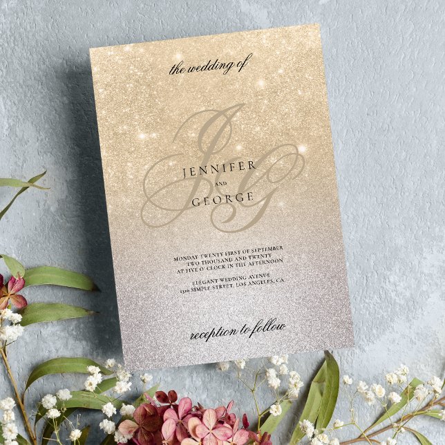 Silver gold monogram initals ombre glitter wedding invitation (Silver gold monogram initals ombre glitter wedding invitation)