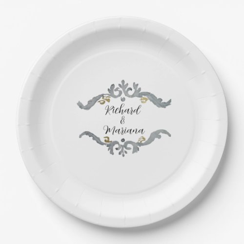 SilverGold Monogram Wedding paper plates  