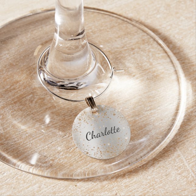 Silver gold name script elegant wedding wine charm (In Situ)