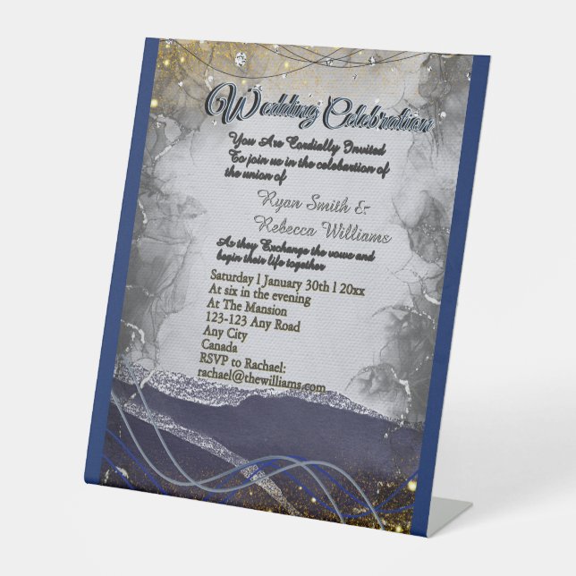 Silver Gold Navy Wedding Pedestal Sign (Front)