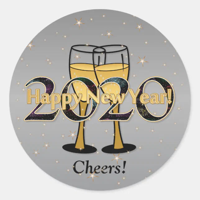 Silver Gold New Year 2020 Champagne Glasses Stars Classic Round Sticker ...