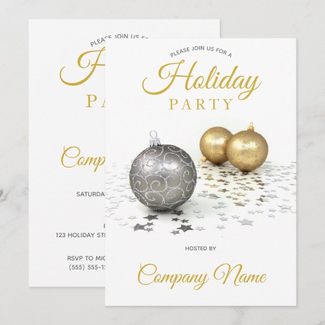 Silver Gold Ornament Star Corporate Holiday Party Invitation (Front/Back)