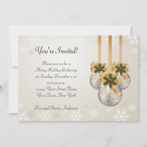 Silver Gold Ornaments Bows Holly Holiday Card