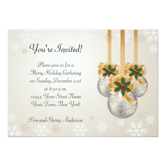 Silver Gold Ornaments Bows Holly Holiday Card