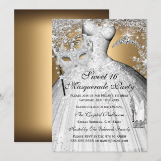 Silver Gold Princess Masquerade Sweet 16 Invite
