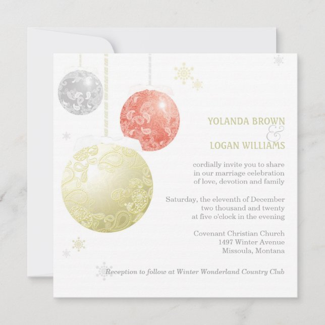 Silver Gold Red Christmas Balls Wedding Invitation (Front)