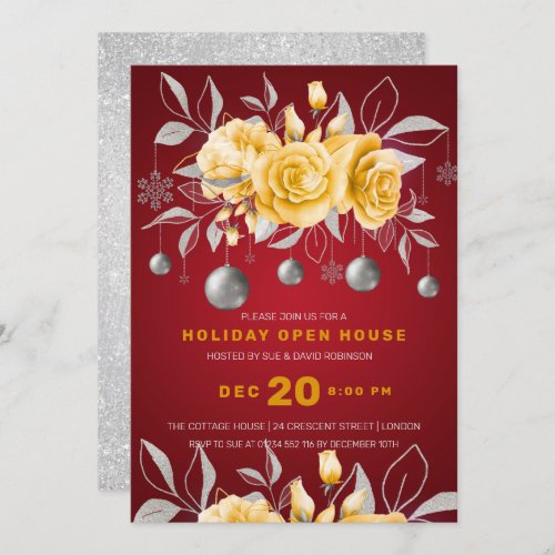 Silver Gold Red Floral Xmas Holiday Open House Invitation