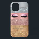 Silver Gold Rose Gold Glitter Beauty Eyelash iPhone 12 Case<br><div class="desc">Modern, glam, faux silver, gold and rose gold color glitter stripes iphone case. This design features faux sparkle glitter stripes and brushed metal in silver, gold, and blush pink rose gold color glitter, eyelashes, name text template. The name is written with a beautiful hand lettered style script. Perfect for girls,...</div>