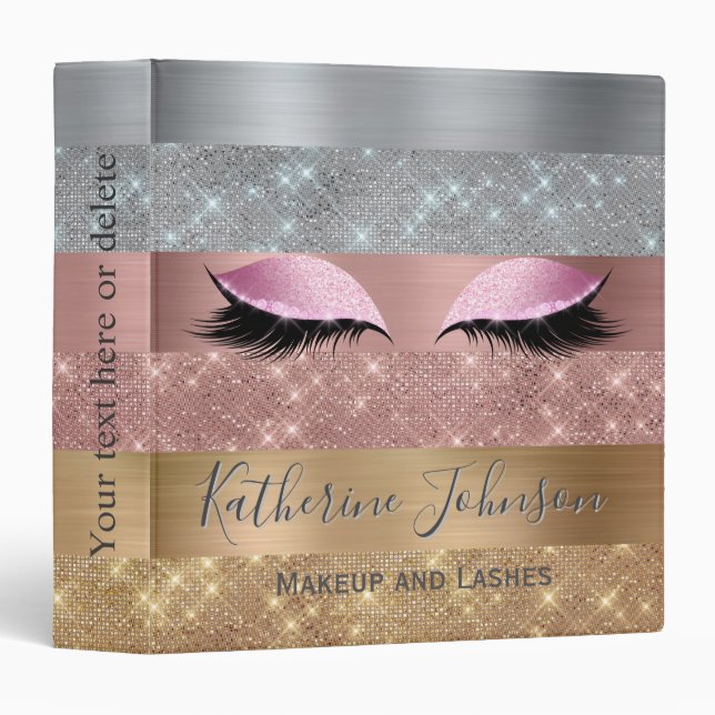 Silver Gold Rose Gold Glitter Stripes Beauty Salon 3 Ring Binder (Front/Spine)